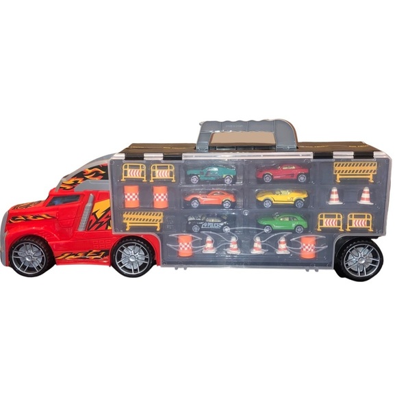 NIB Toy Car Carrier Truck/Storage Six Piece Diecast Vehicle and 16 Accessories - Picture 1 of 6